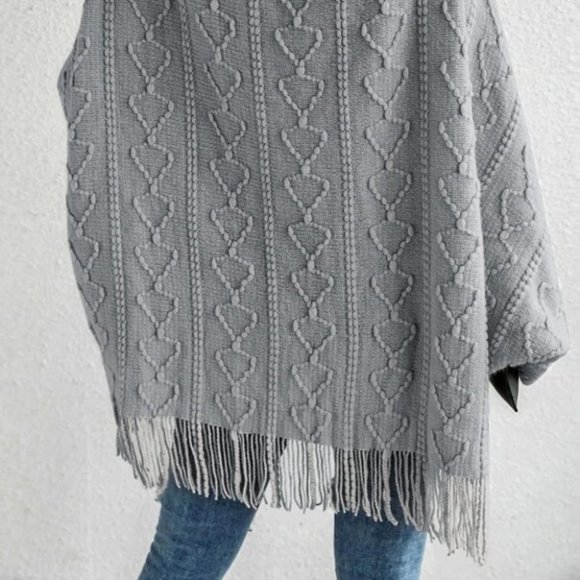 Faux fur Trim Textured Knit  Open front Sweater Cardigan Gray - Picture 9 of 9